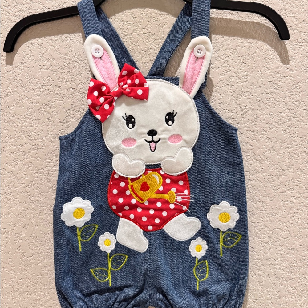 Easter INFANT PatPat Denim Red Bunny Rabbit Overalls 18-24M